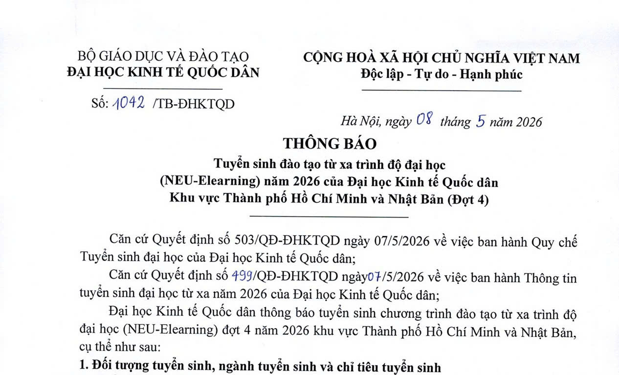 Thông Báo Tuyển Sinh Đào Tạo Từ Xa Trình Độ Đại Học NEU-Elearning Năm 2026 Đợt 4